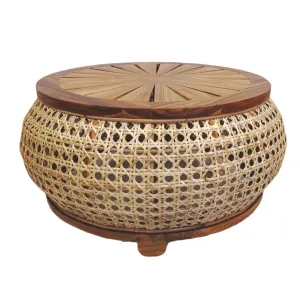 Masă de cafea rotundă din lemn de tec și ratan vienez VIENNA33