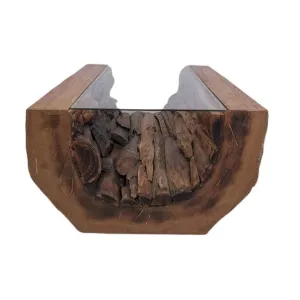 Masă de cafea din lemn de tec cu blat de sticlă T-370